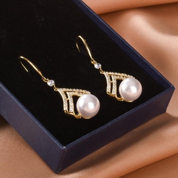 Pearl Drop Earrings for Women 14K Gold Plated Sterling Silver Dainty Dangle Gift - Picture 5 of 6